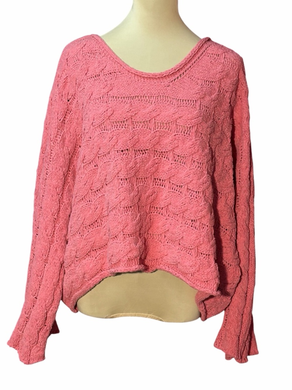POL Pink Cable Knit Sweater Size Medium Boho Cottagecore Pullover